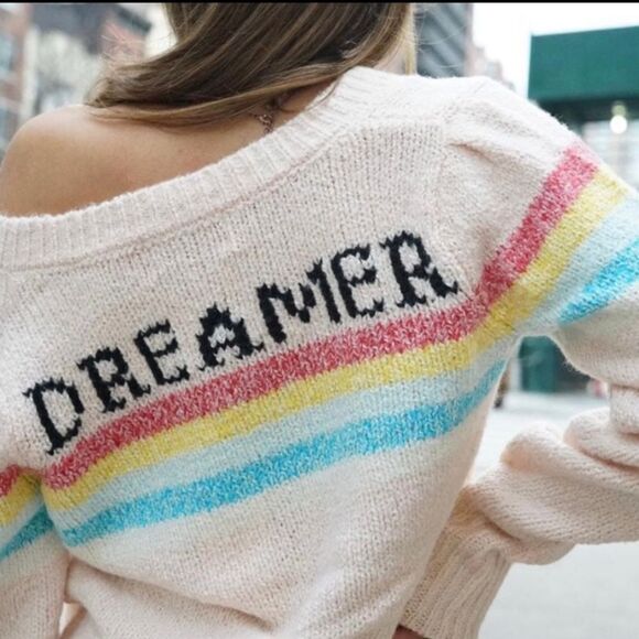 WILDFOX DREAMER RAINBOW STRIPE V NECK KNIT DISTRESSED SWEATER - Picture 3 of 12